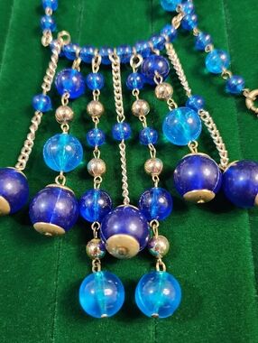 Vintage Lucite Cobalt and Aqua Bezel Beaded Fringe Necklace
